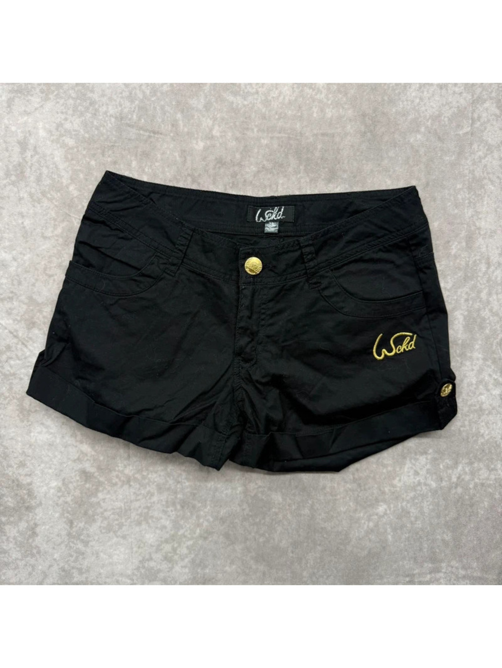 Vintage Y2K Wckd Black Cuffed Low Rise Shorts Gold Hardware Embroidery Size 3